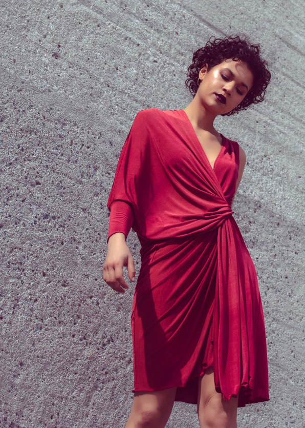 One sleeve draped cocktail dress in dark red