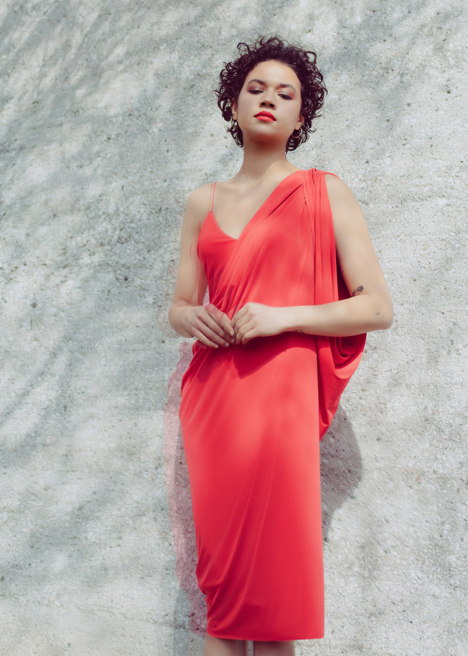 Queen draped dress in coral